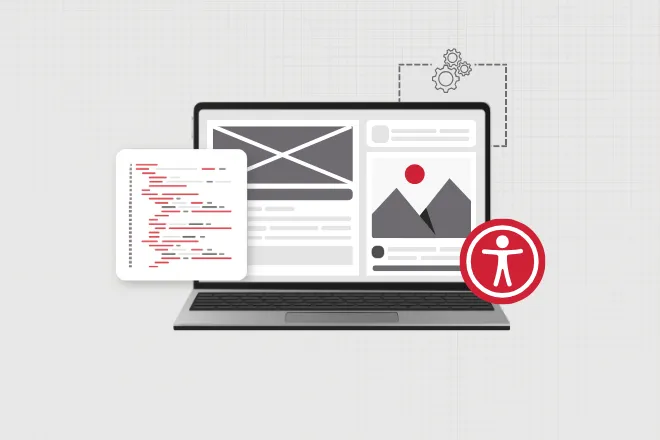 A laptop with a website graphic with an accessibility symbol on the right.