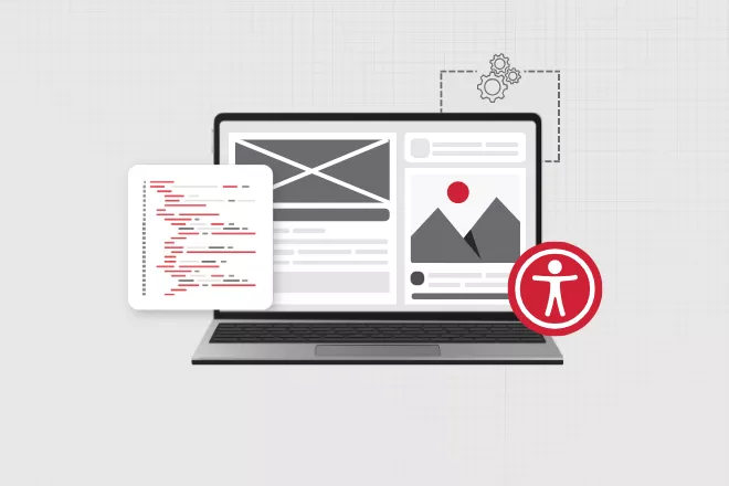 A laptop with a website graphic with an accessibility symbol on the right.