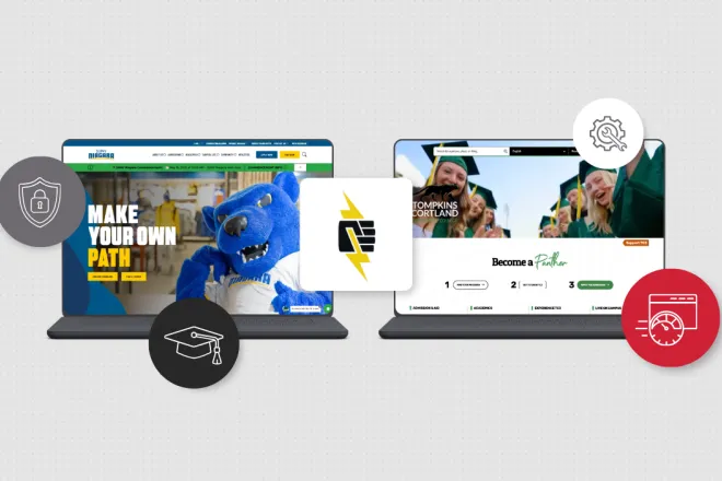 Side-by-side comparison of two redesigned community college websites displaying updated layouts, student testimonials, and educational program pathways with icons representing security, education, and time management