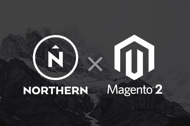 Northern x Magento 2 text over mountains