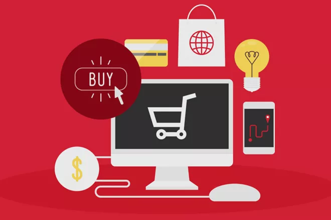 Drawing of computer surrounded by a lightbulb, credit card, dollar sign, and buy button