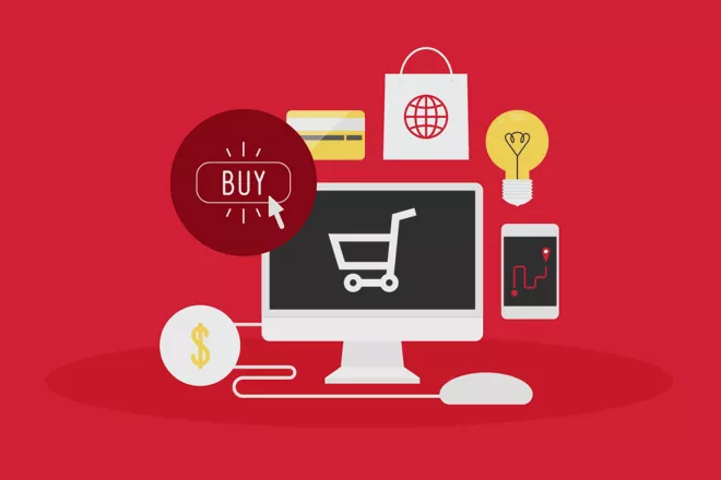 Drawing of computer surrounded by a lightbulb, credit card, dollar sign, and buy button