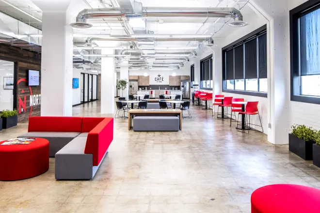 Northern office waiting room with red seats