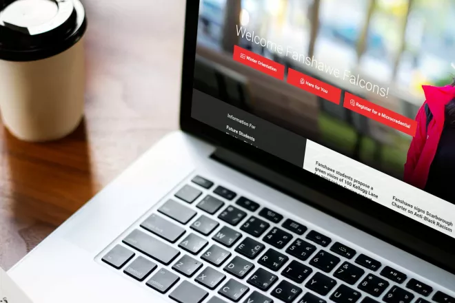 Girl on laptop looking at Fanshawe College website.