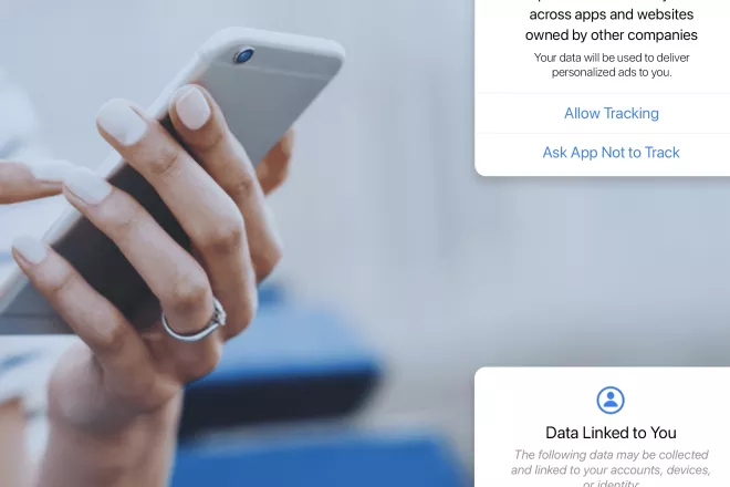 Woman on phone with data tracking popup images overlay