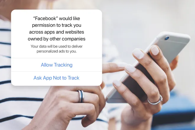 Woman on phone with overlay Facebook popup asking for data tracking permission