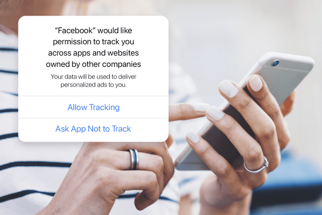 Woman on phone with overlay Facebook popup asking for data tracking permission