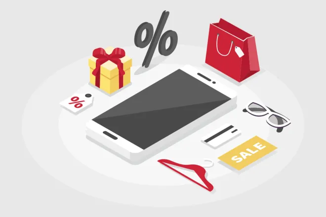 Tablet surrounded by gift boxes, a credit card, store sign, hanger, glasses, and sales tag