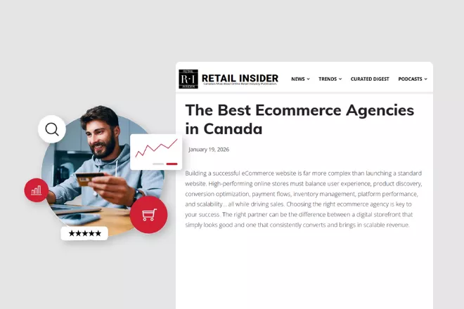 A graphic of a man holding a credit card next to his laptop along side a screenshot of the Retail Insider article.