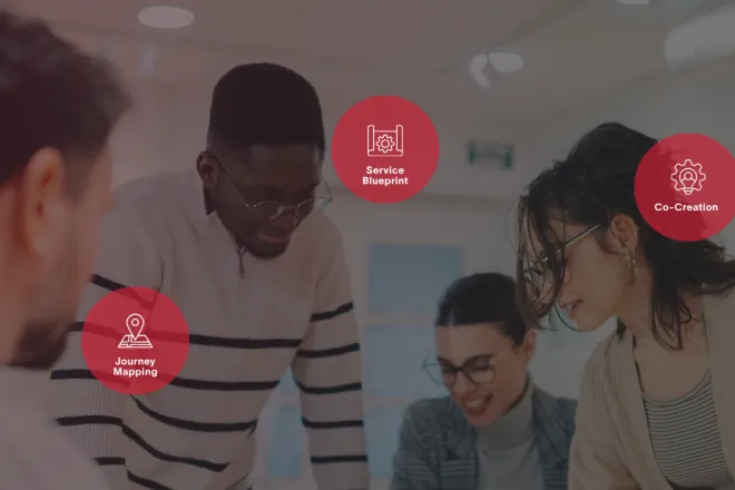 Service design process for public sector organizations: user research, journey mapping, service blueprinting, co-creation, and outcome-driven delivery.