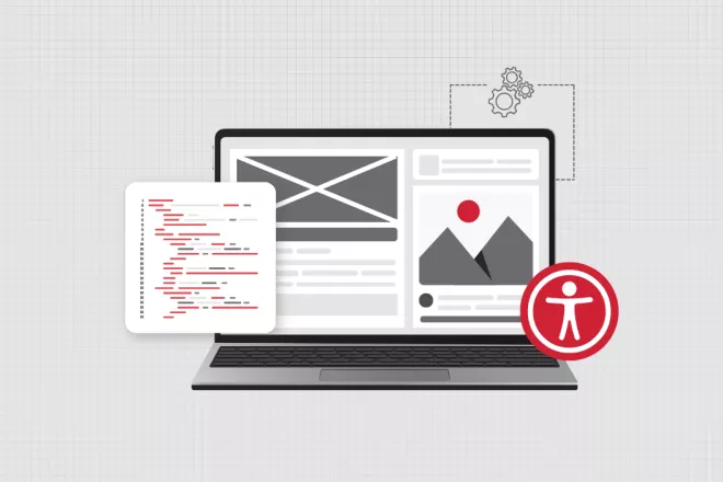 A laptop with a graphical website mockup a coding popup and an accessibility logo.