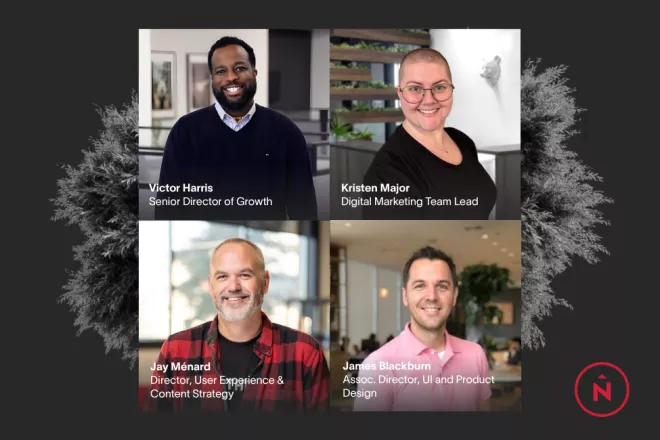 The hosts of AI & Your Content Strategy on a gray backdrop.