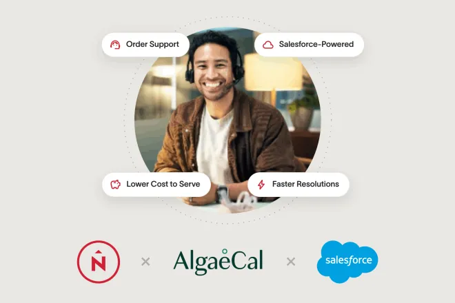Support agent in a headset, with Northern, AlgaeCal, and Salesforce logos promoting an order support webinar.