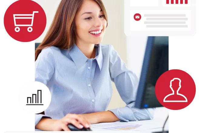 A woman looking at a computer with CDP graphics