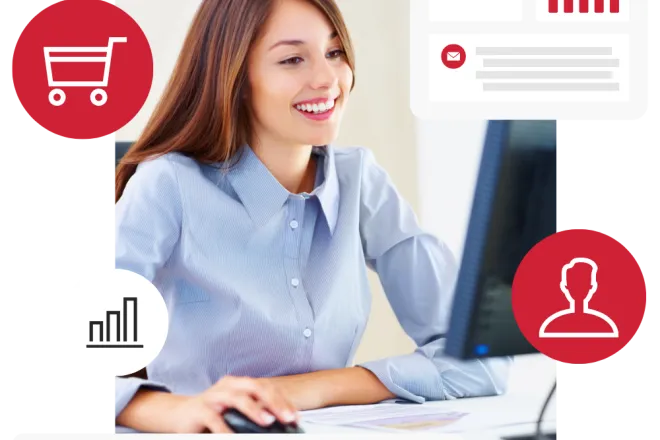 A woman looking at a computer with CDP graphics