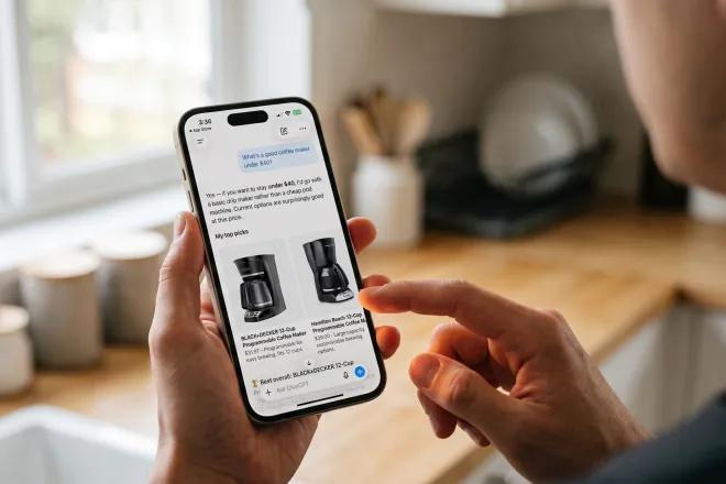 Person holding a phone in a kitchen while an AI assistant recommends two coffee makers under $40