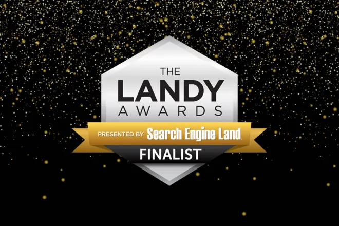 Landy Award Finalist Logo with black background and gold confetti