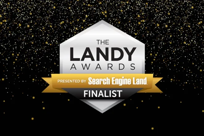 Landy Award Finalist Logo with black background and gold confetti