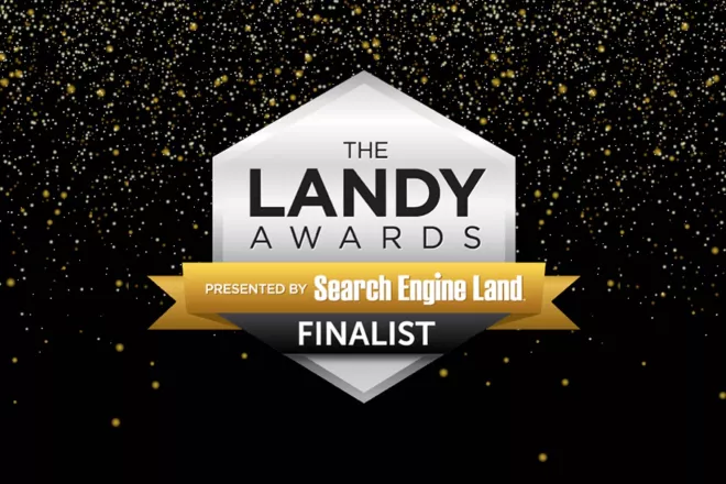Landy Award Finalist Logo with black background and gold confetti
