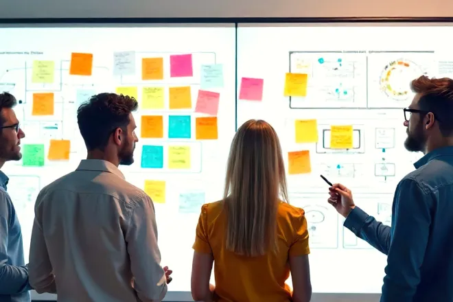 Team reviewing sticky notes and journey maps on a board during a strategy workshop