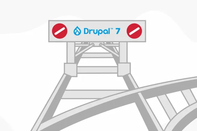 Railroad tracks ending, with a blockade saying "Drupal 7".