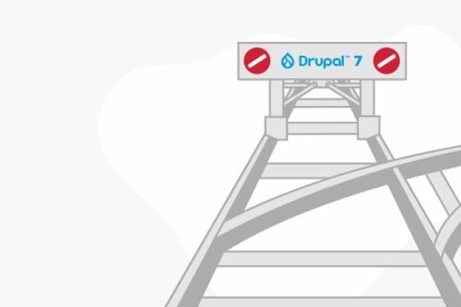 Railroad tracks ending, with a blockade saying "Drupal 7".