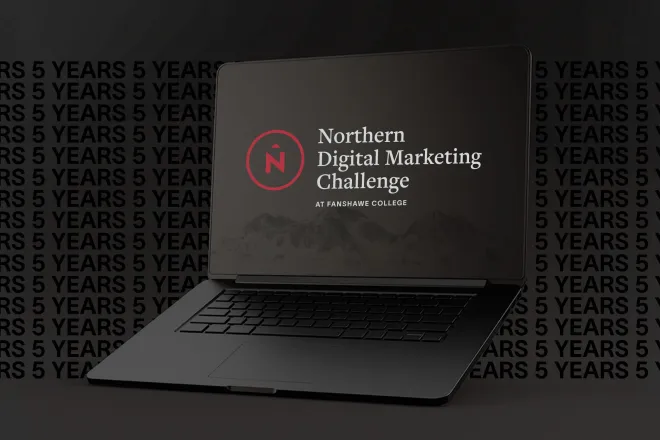 Computer Screen showing the text "Northern Digital Marketing Challenge at Fanshawe" with the text "5 Years" on the background.