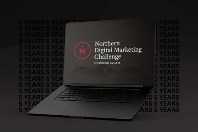 Computer Screen showing the text "Northern Digital Marketing Challenge at Fanshawe" with the text "5 Years" on the background.