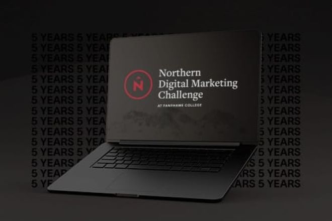 Computer Screen showing the text "Northern Digital Marketing Challenge at Fanshawe" with the text "5 Years" on the background.