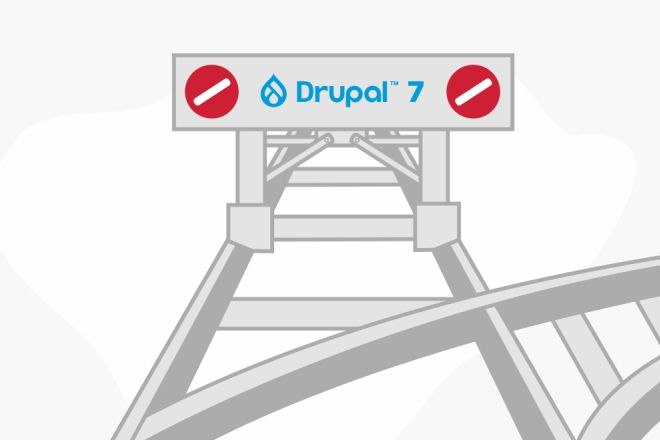 Railroad tracks ending, with a blockade saying "Drupal 7".