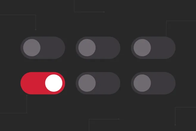 A row of six toggle switches on a dark background, five switched off in grey and one switched on in red, representing consent settings under Canada's Bill C-36.