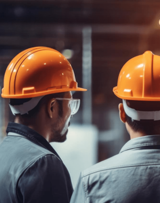Two men wearing hardhats looking at a station under construction.