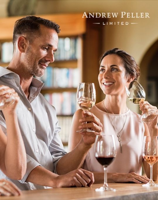 a couple tasting wine wine standing at a counter