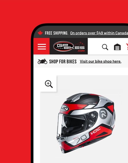 mobile mockup displaying a product detail page for a motorcycle helmet