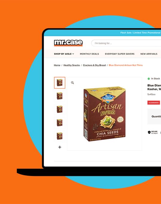 laptop on an orange background showcasing the product detail page of the Mr.Case website.